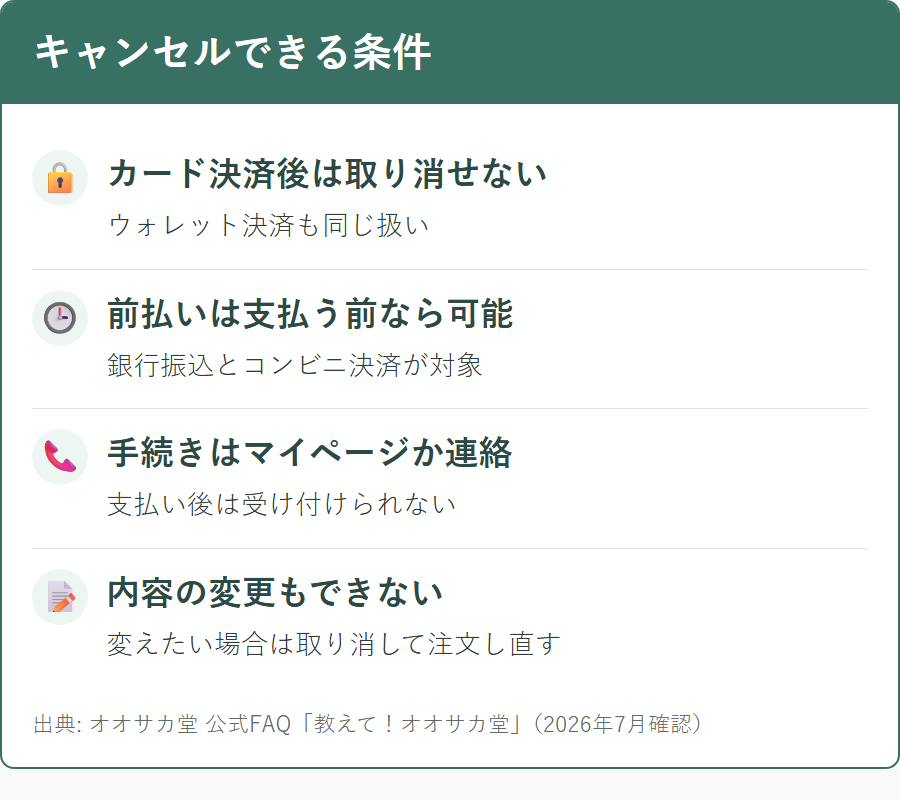 オオサカ堂で注文をキャンセルできる条件と支払い方法ごとの違い