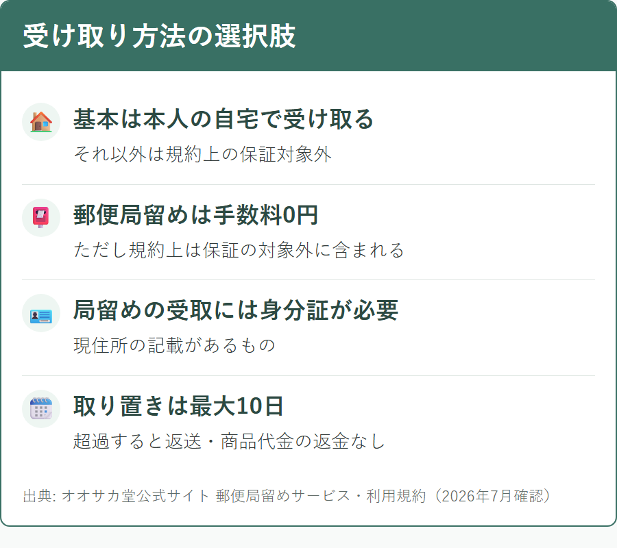 オオサカ堂の荷物の受け取り方法と郵便局留めの条件