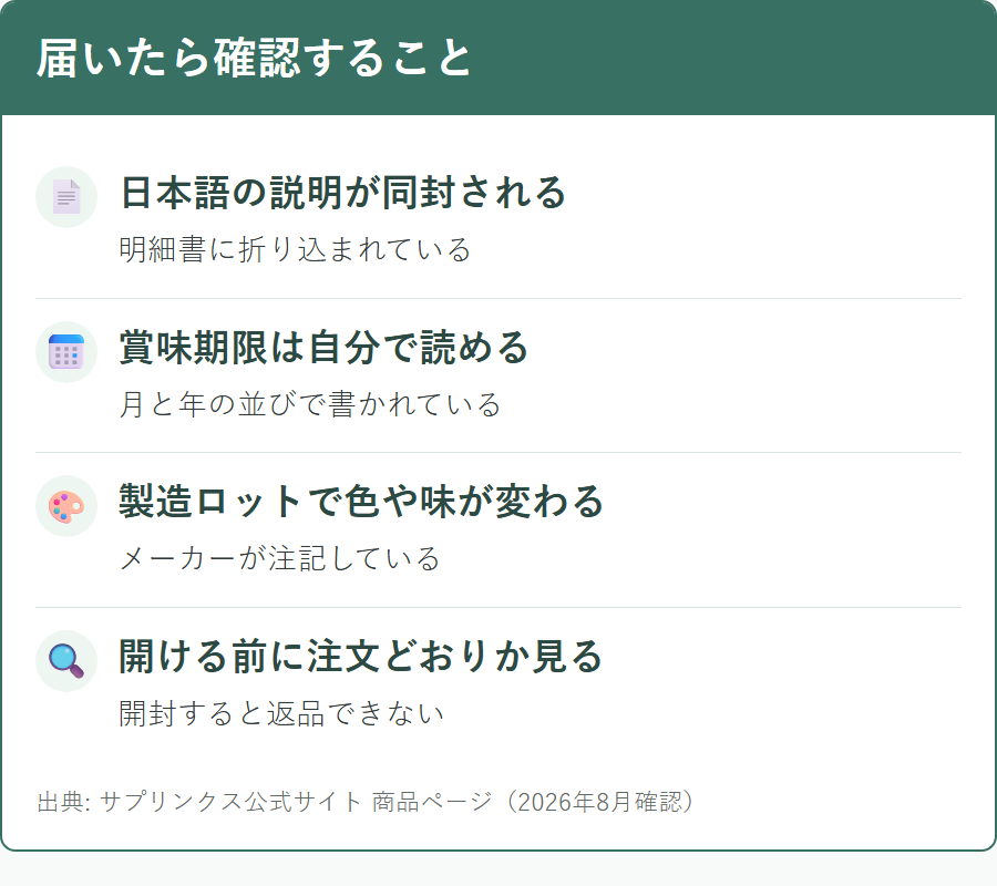 サプリンクスから届いた商品で確認したいこと